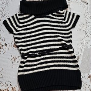 Elegant Black and White Striped Cowl Neck Sweater